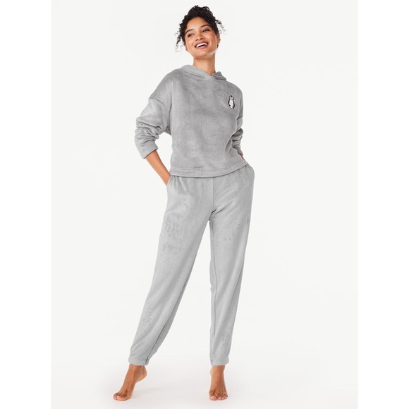 Joyspun Women’s Penguin Plush Hooded Top and Pants 2 Piece Pajama Set Medium - Picture 1 of 14